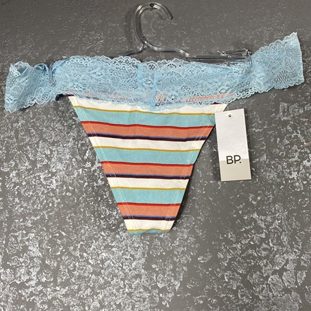 BP. Lace Trim Thong Panties Underwear Coral Nori Stripe. Cotton. Size Medium.